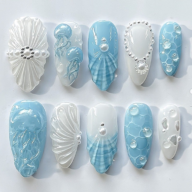30pcs Summer Sea Shell Press on Nails Almond Shape with Jellyfish&Pearl Details