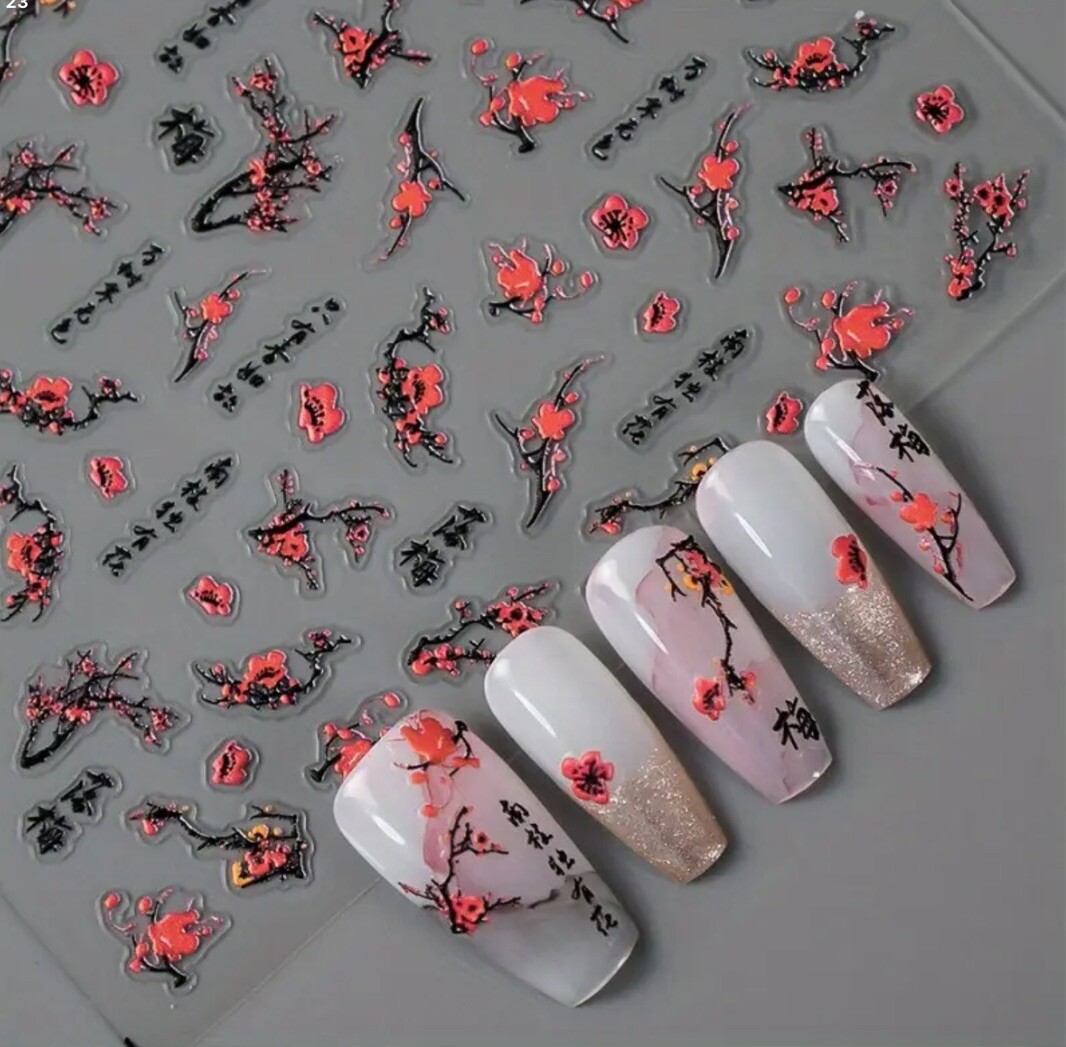 Matte Finish 5D Embossed Plum Blossom Nail Art Stickers/Decals