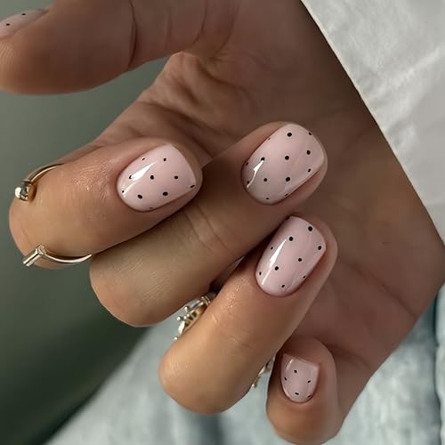24Pcs Polka Dot Press on Nails Short Square Fake Nails Black Dot False dot