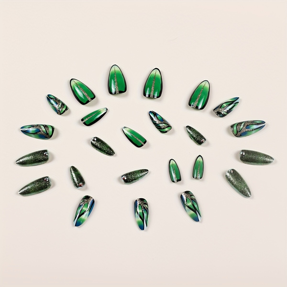 24pcs Glamorous Ombre Green Stiletto False Nails – Luxurious Glossy Finish with