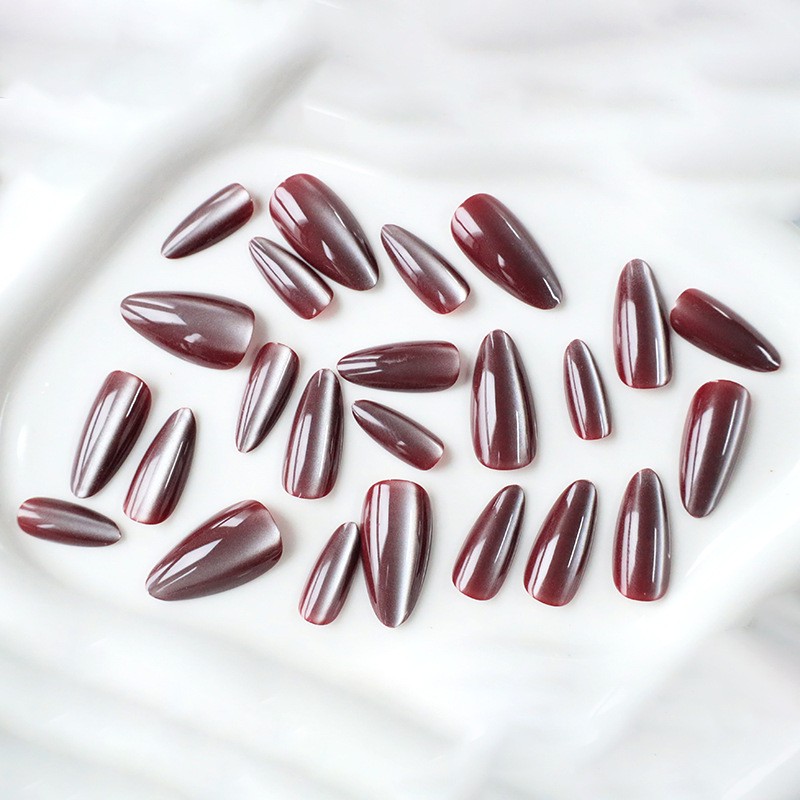48pcs Almond Press on Nails, Wine Red Glitter Ombre Glossy Elegant Nails