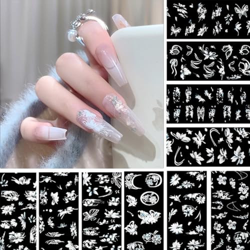 10Roll/Box White Flowers Nail Foil Transfer Stickers for Nail Art Design 3D