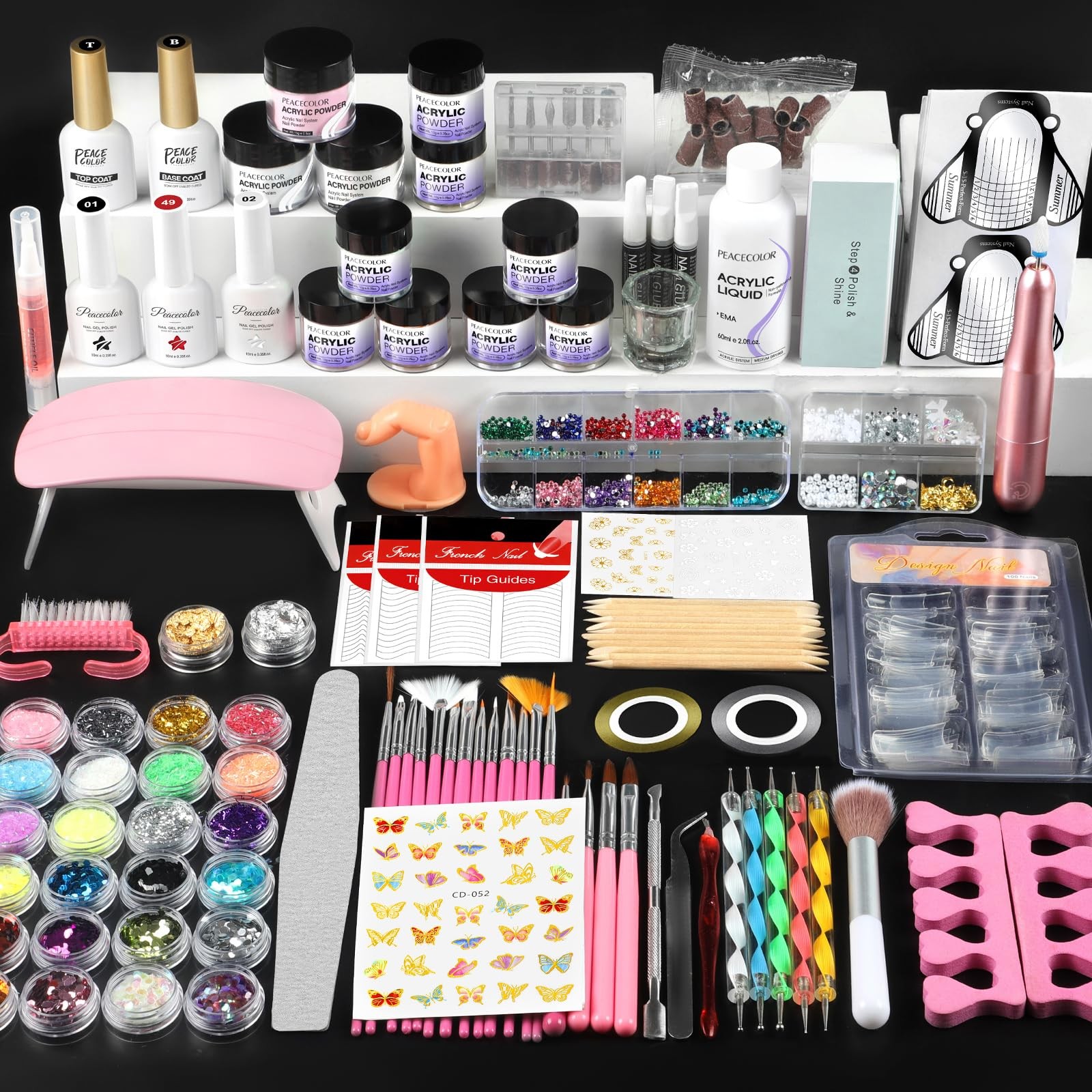 Acrylic Nail Kit 11 Colors Powder 3 Gel Polish Drill UV Light Nail Art Set Home