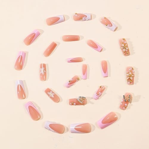 24Pcs Long Square Nude Pink White Nails Press ons Pearl Gold QKS-BT-018-4