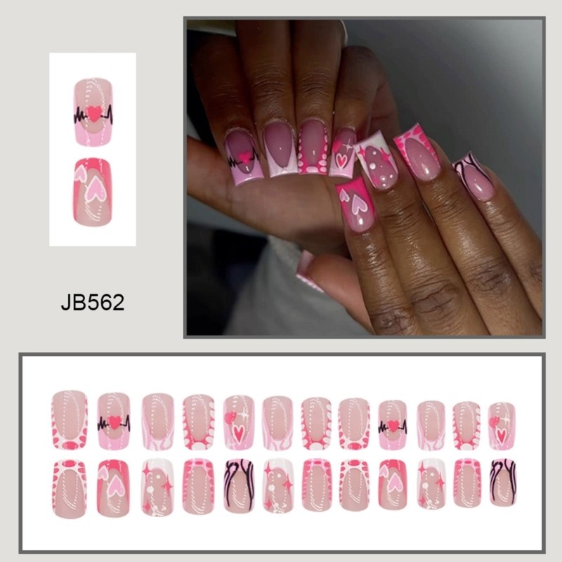 Lovely Pink Heart Designs Press on Nail Medium Square Nail for Fashion Women
