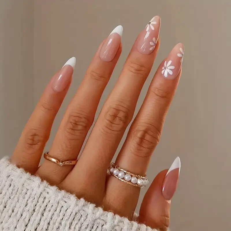 24pcs Pure Love Pink Glossy Almond Shaped Middle Length Flower Nail Tips