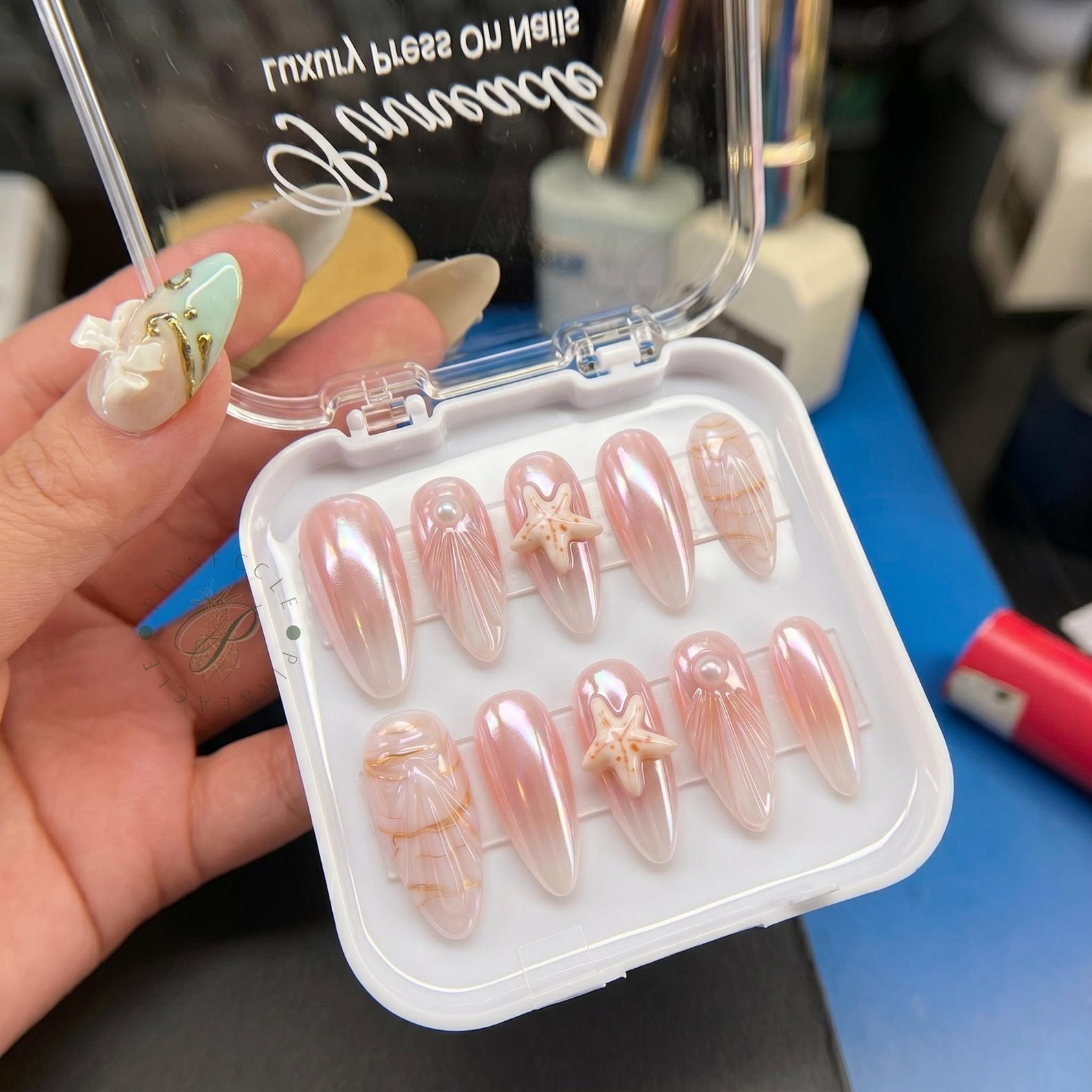 Handmade Pink Aurora Gradient Starfish Shell Pearl Medium Almond Press on Nails