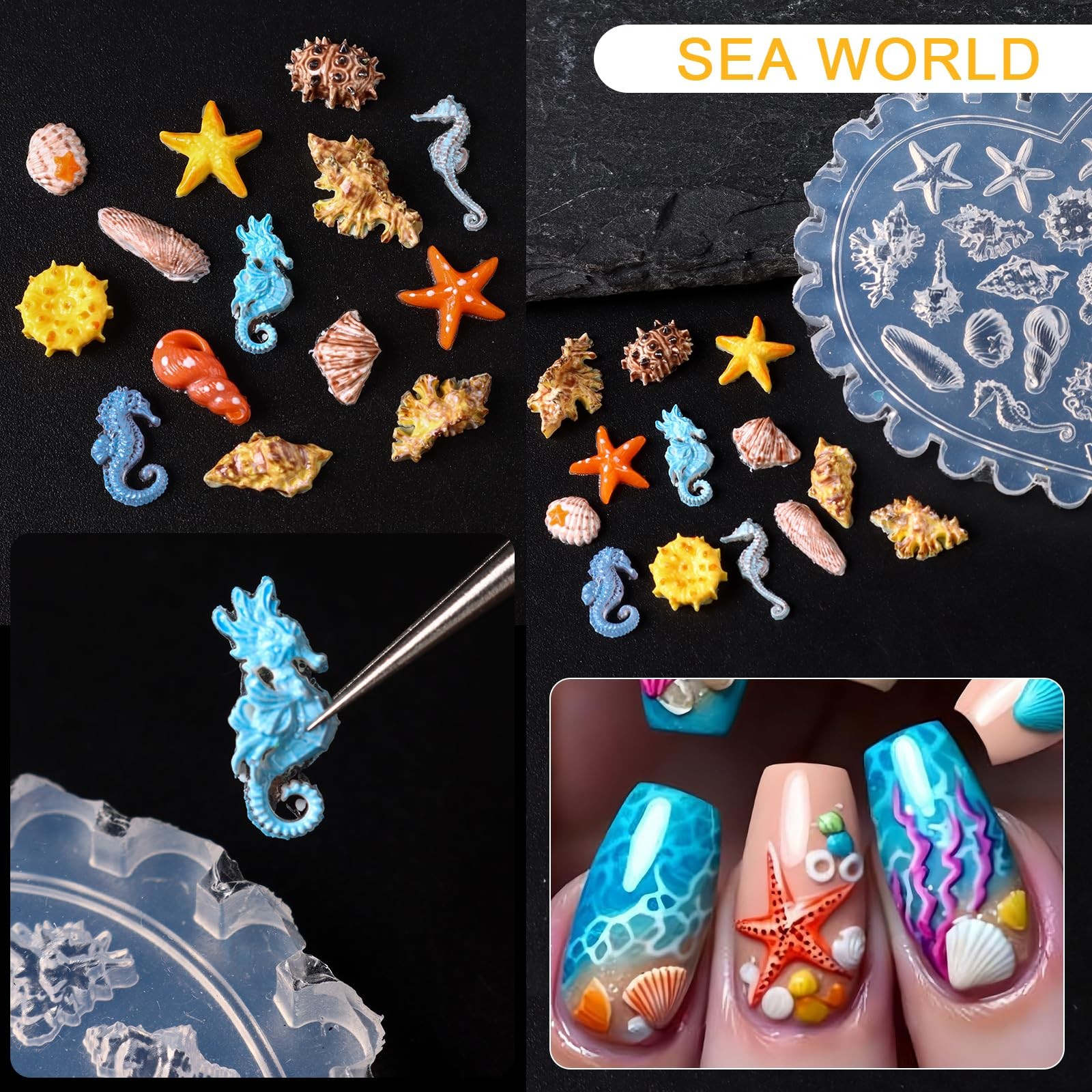 3PCS Ocean Nail Molds (Heart Shaped), Silicone Nail Art Molds – Shell, Starfi…
