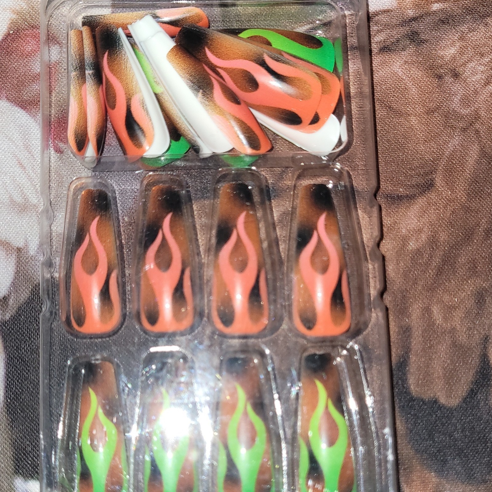 Pre-Designed Press-On Nails Long Coffin Glitter Orange Black Green White Flames