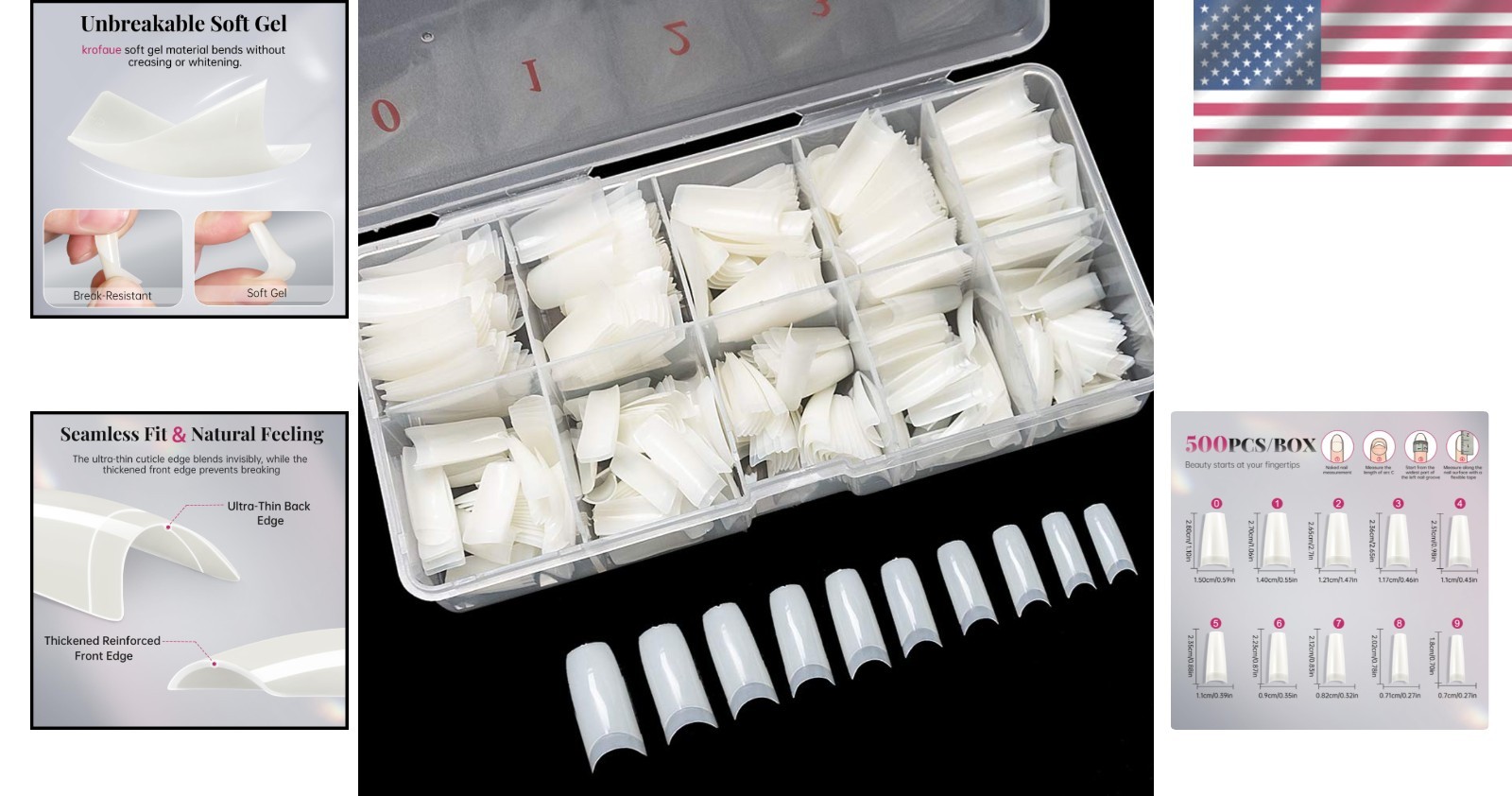 500PCS Soft Gel False Nail Tips Half Cover Acrylic French Style Natural