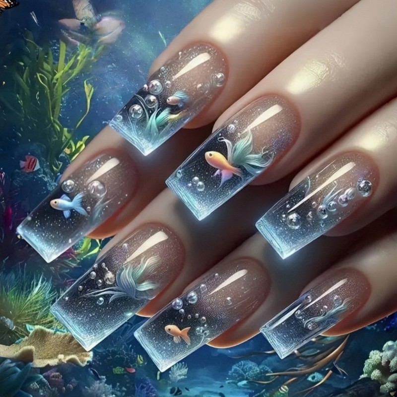 24Pcs Sea Inspired False Nail With Goldfish Design Long Lasting Nail Art