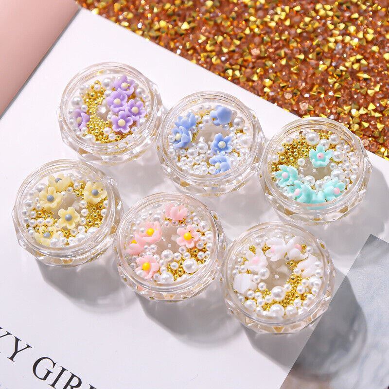 Nail Art Gold Beads Flowers Pearls Crafts Gems Stones 3D Nail Decoration
