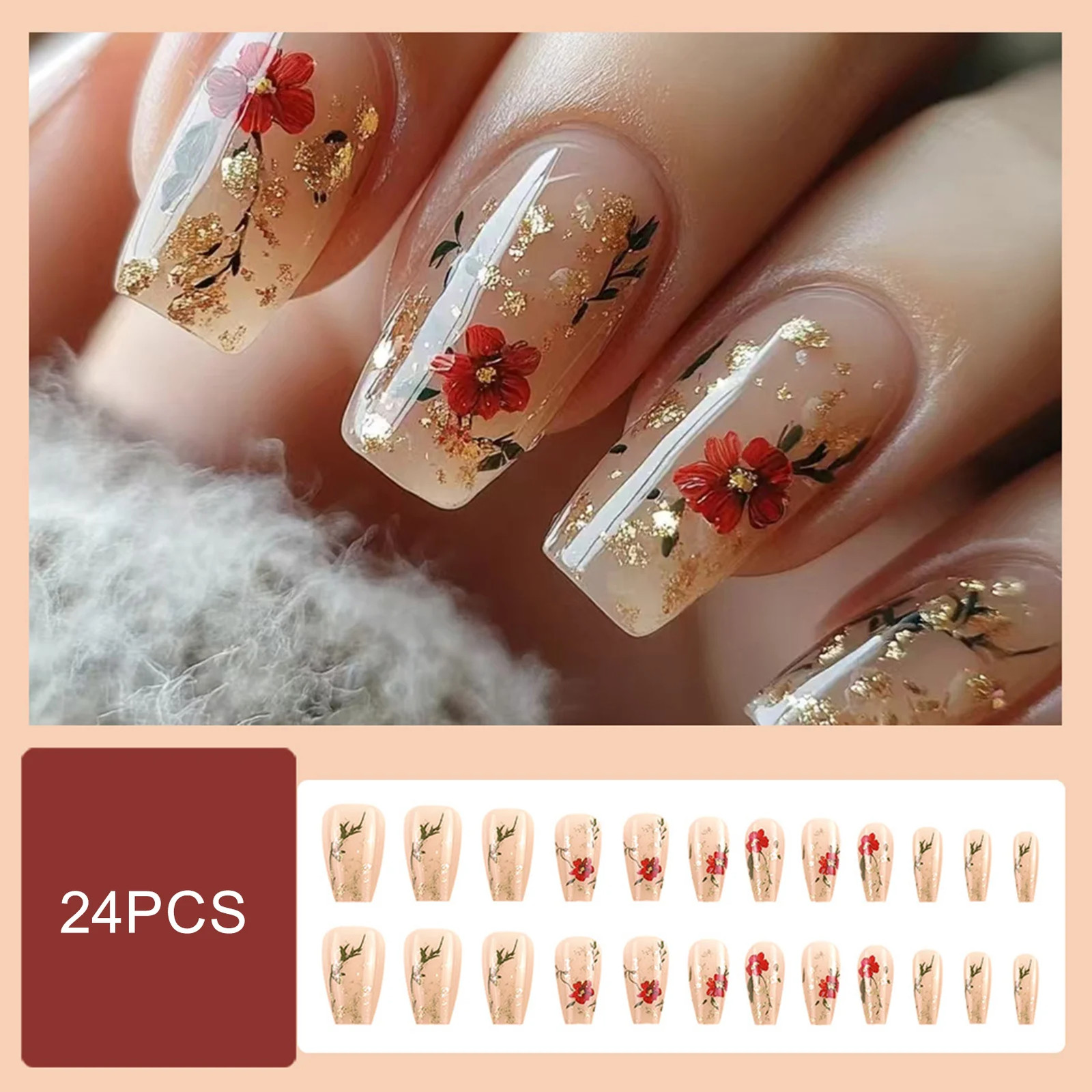 24pcs Spring White Flower Blue French Square Press On Nails