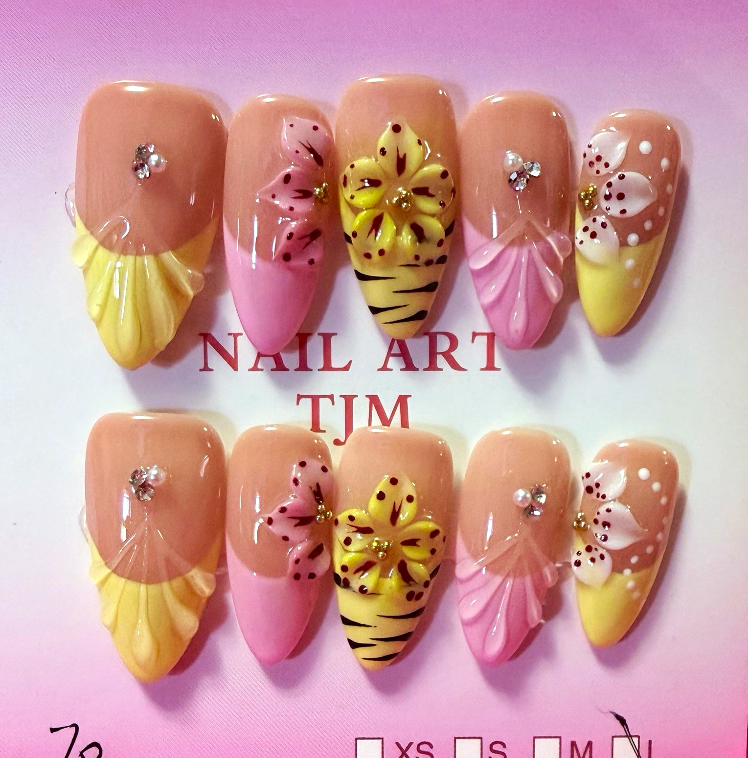 TJM Pink/Yellow/Beige 3D Floral Almond Press-On Nails, size large