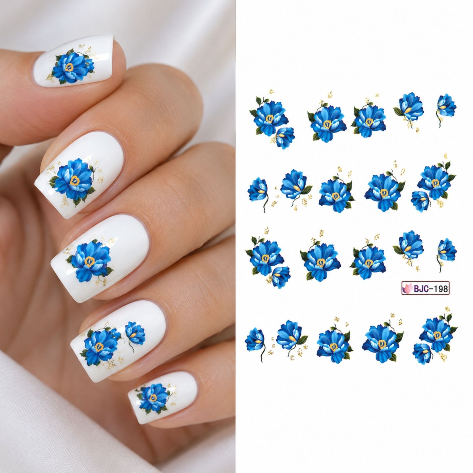 Blue Flower Nail Decals Water Transfer Sticker Floral Spring Manicure DIY Art