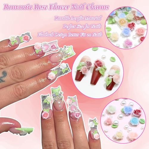 300Pcs Flower Nail Charms 3D Mixed Size Rose Flower Nail Accessories Pearl
