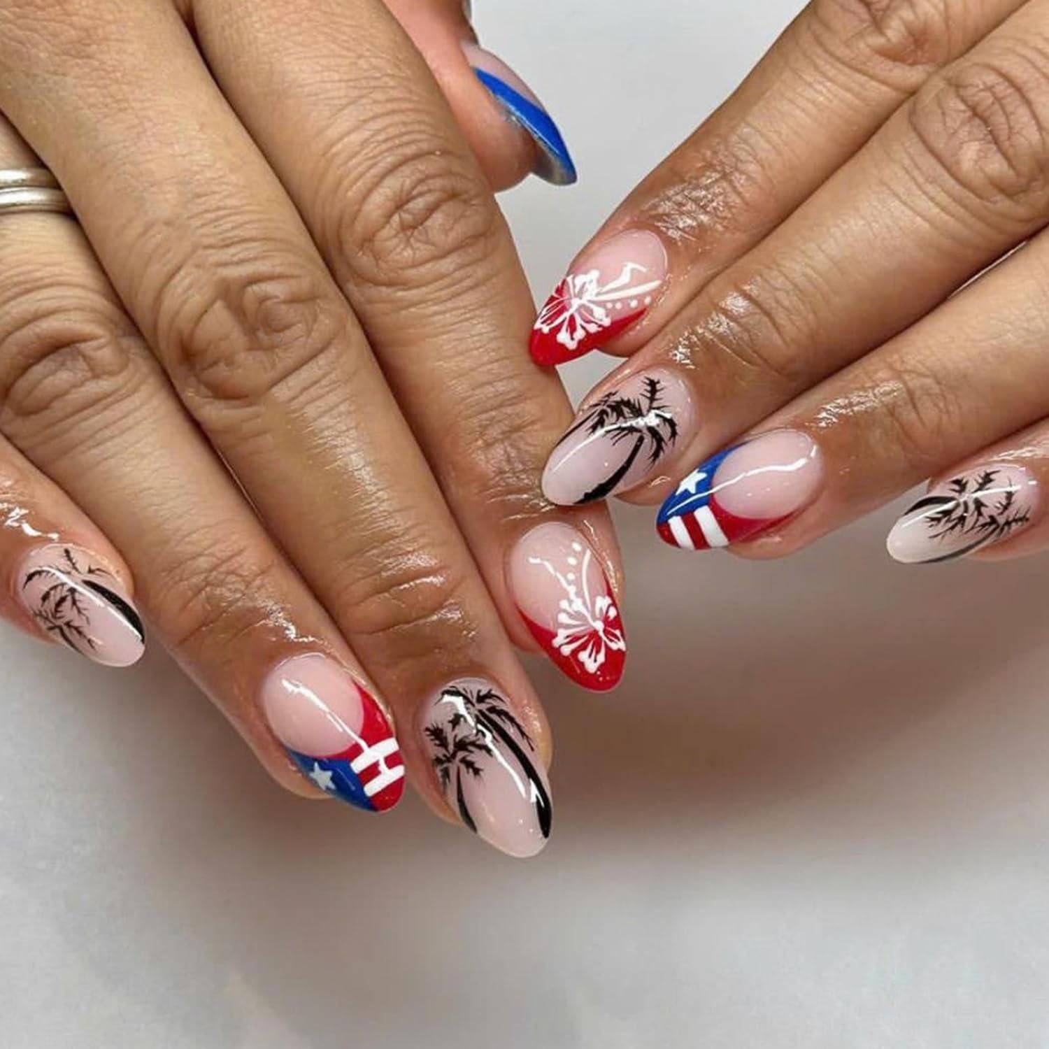4th of July Press on Nails Tropical Palm Tree Flower Red White Blue Patriotic…