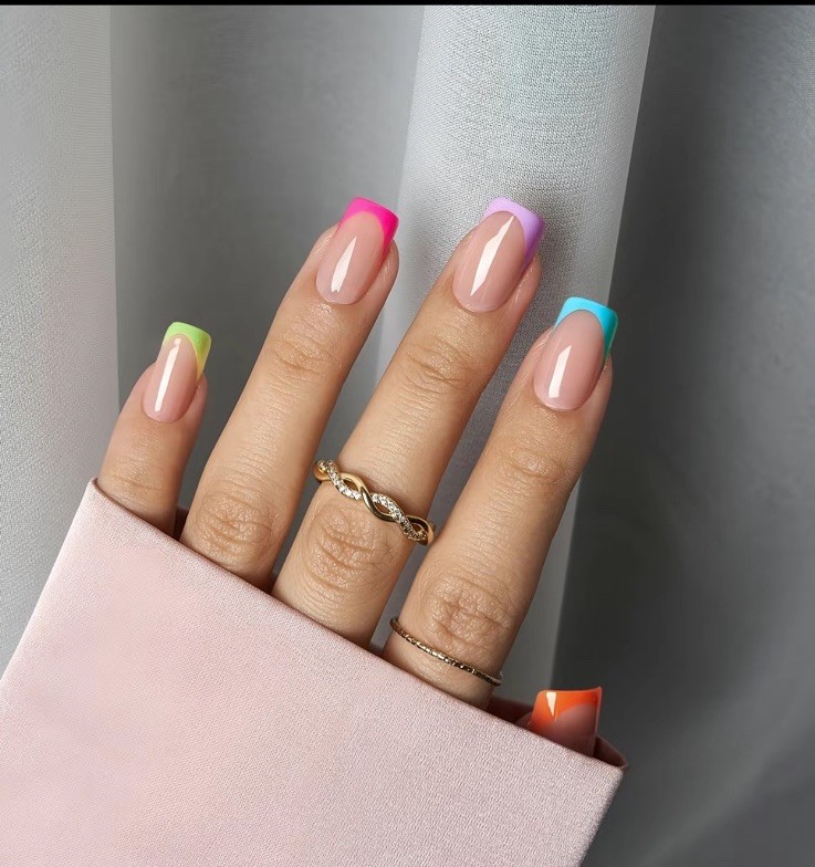BTArtboxnails Neon French Tip Press-On Nails Square Medium Nude Multi-Color