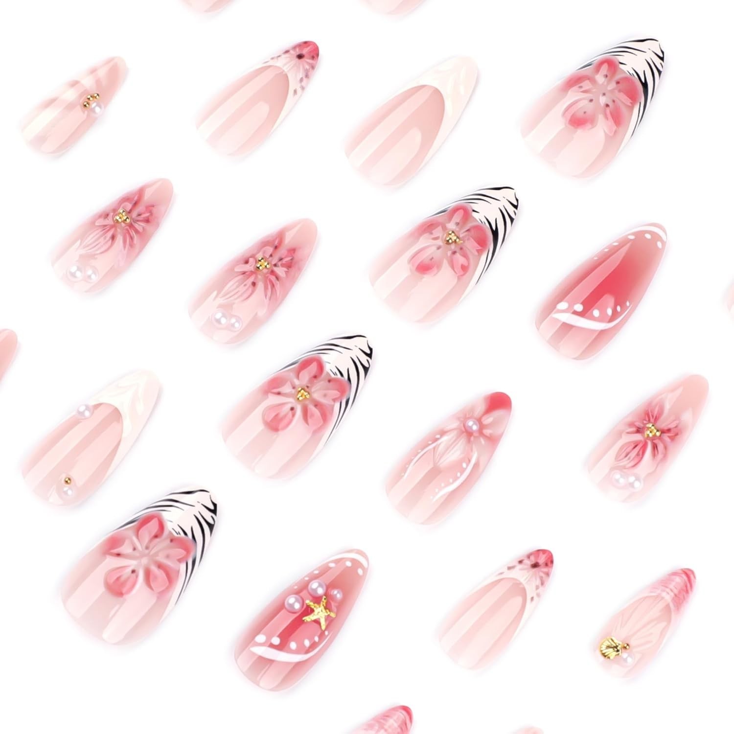 Chic 3D Flower French Tip Press-On Nails – 24 Reusable Almond Nails