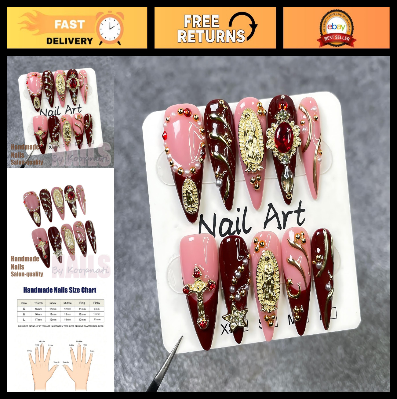 Handmade Almond Press On Nails with 3D French Tip Design – Nail Art for Women