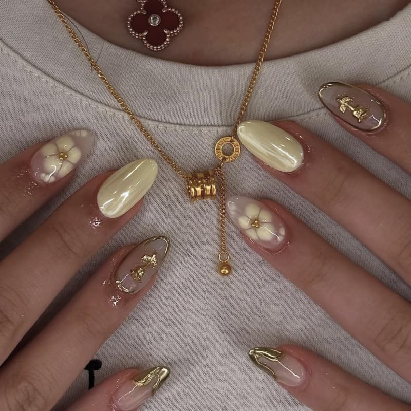 Yellow Chrome Flower Press On Nails Short Almond, Rose Floral Charms and Yell…