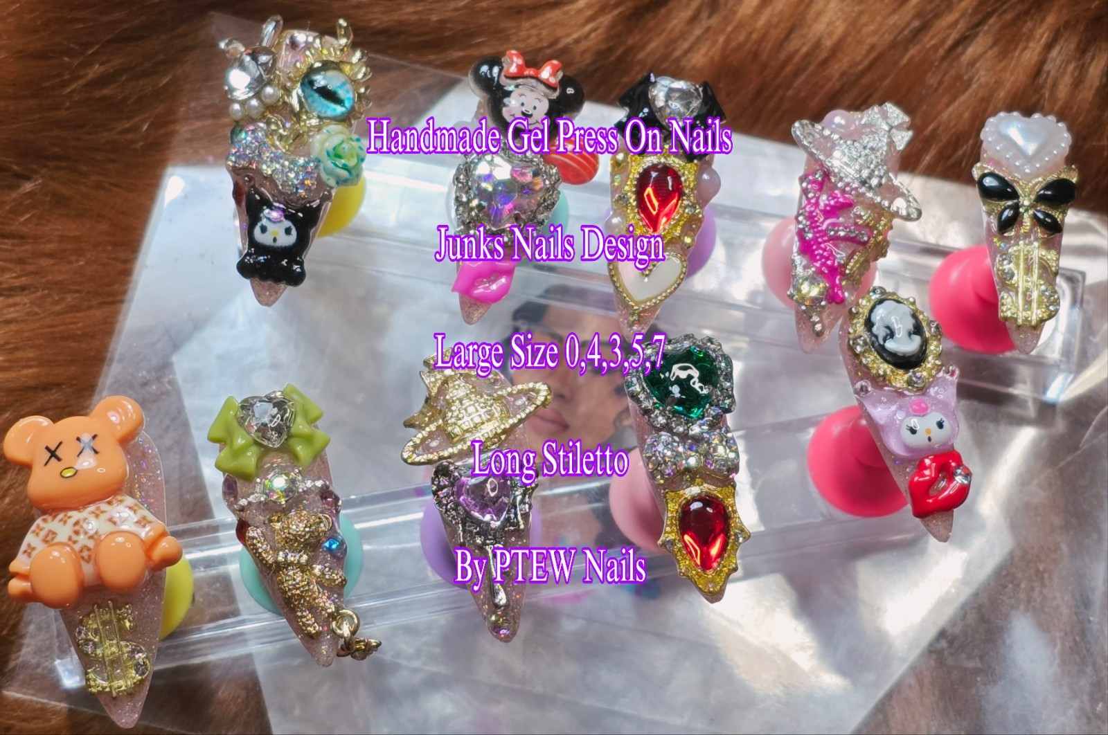 Handmade Gel Press On Nails,Junkie Nails, Large Size 0,4,3,5,7 Long Stiletto