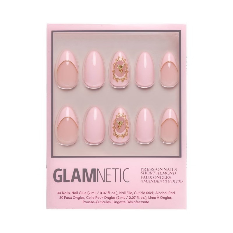 Lover’s Crest Fake Nails: Light Pink, Almond Shape, Gloss Finish, 30 Pieces