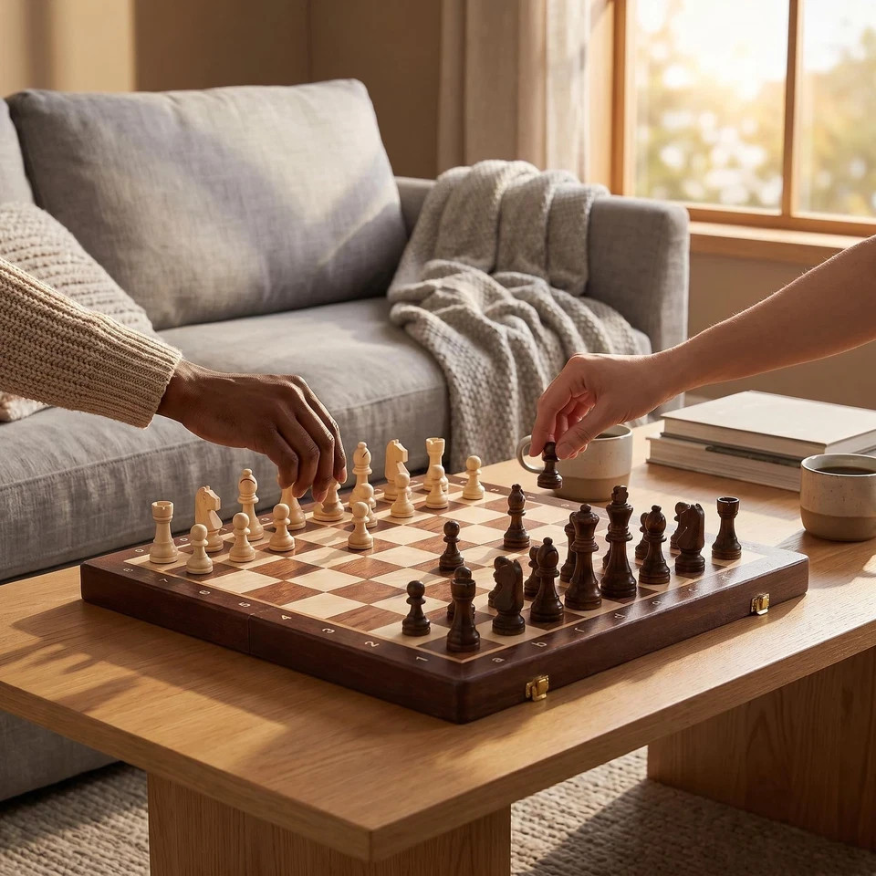 15″ Folding Walnut Chess Set with Storage 15 inches by 15 inches, Walnut/Tan