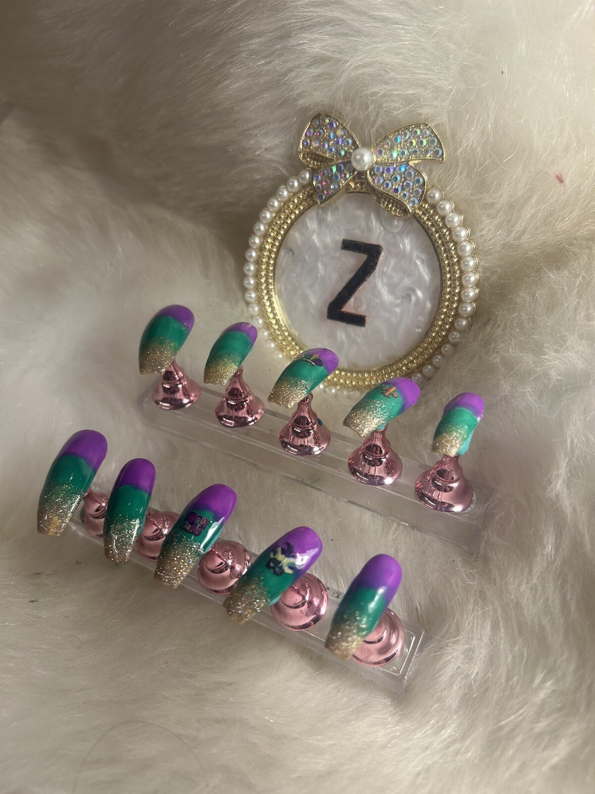 Z NAILZ! Mardi Gras Themed Nails L Coffin In Purple, Green, Gold Press On Nails