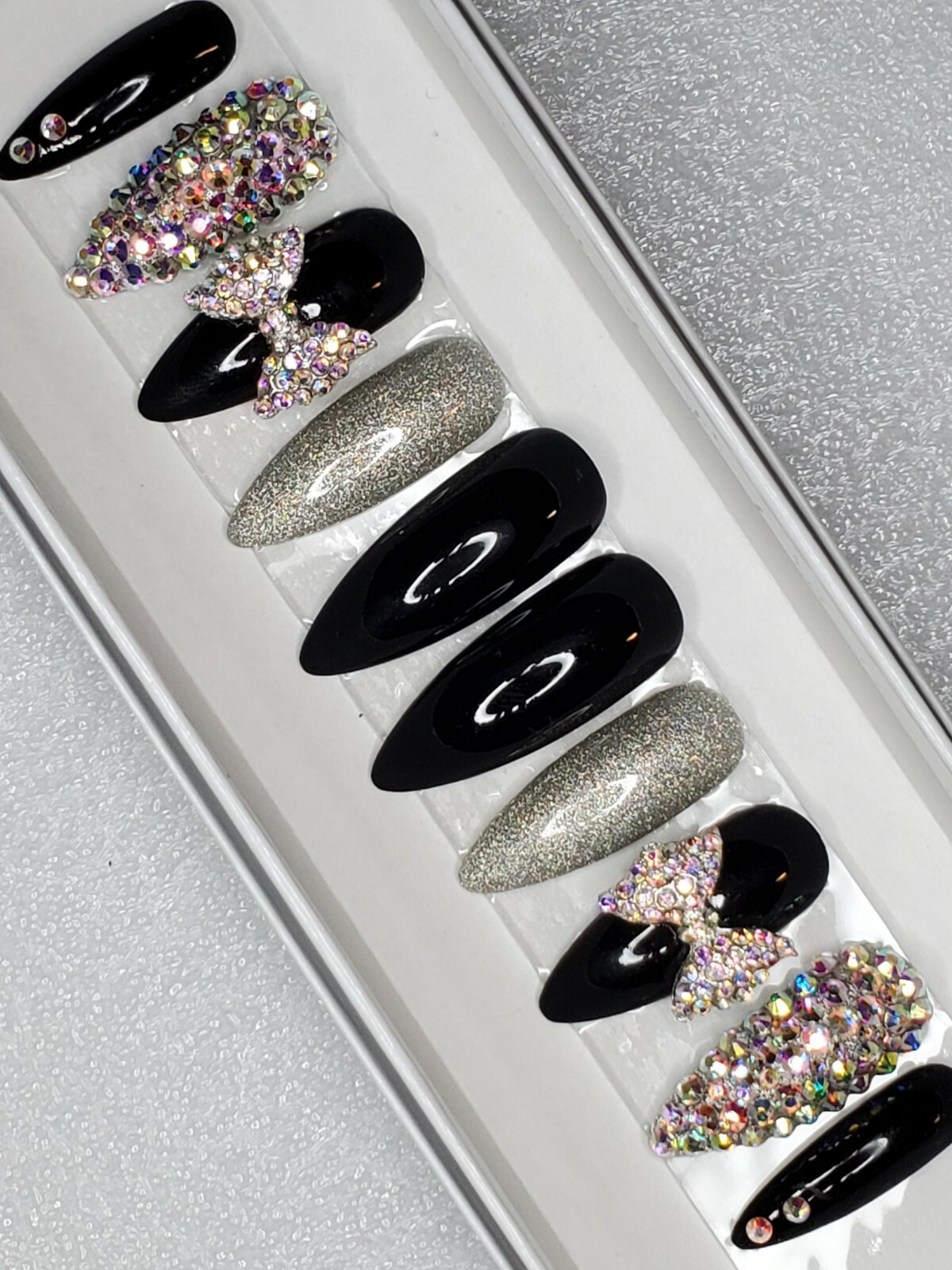 Black holographic glitter bling press on nails holo diamond crystal stiletto