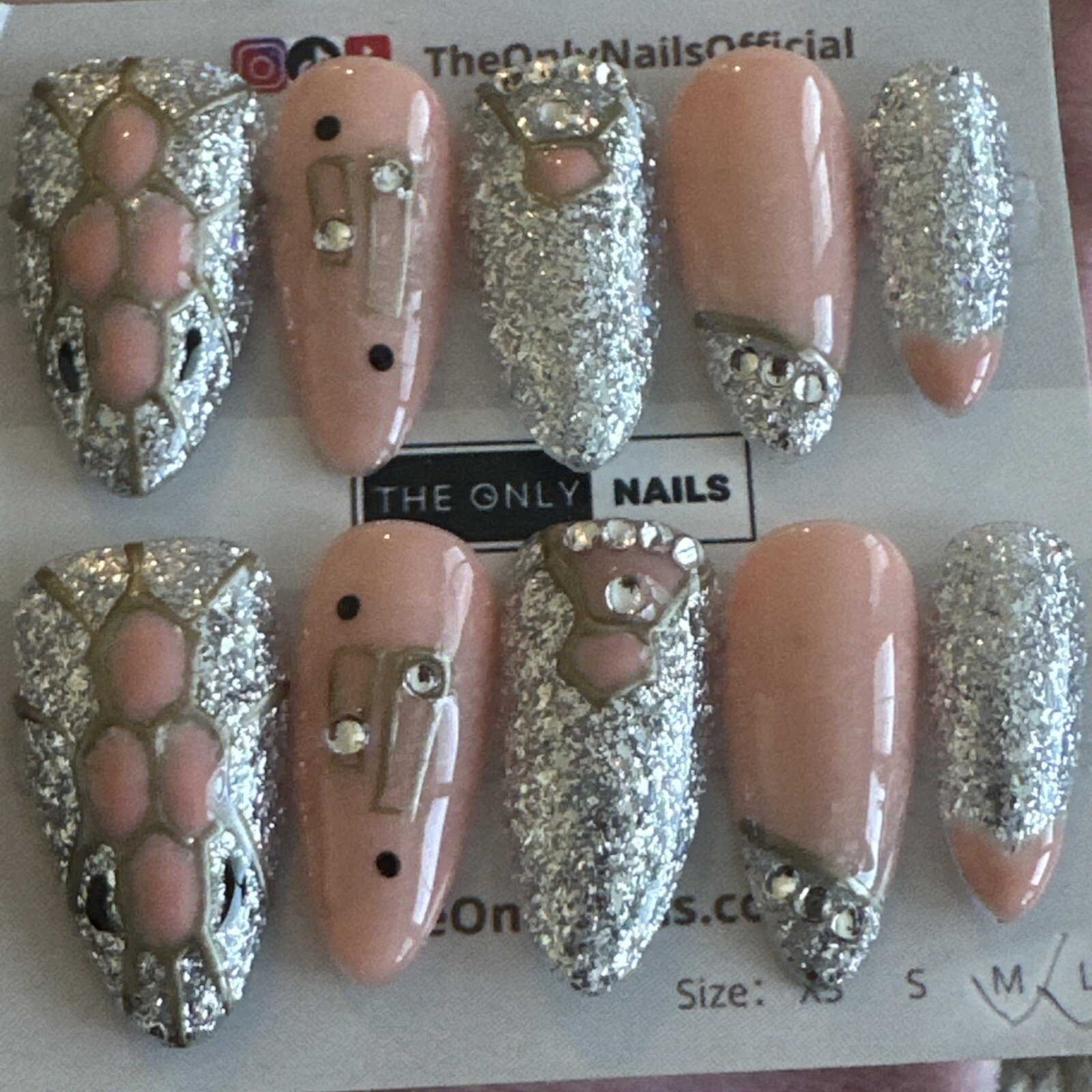 Handmade Acrylic & Gel Reusable Nails – Silver Glitter & Pink
