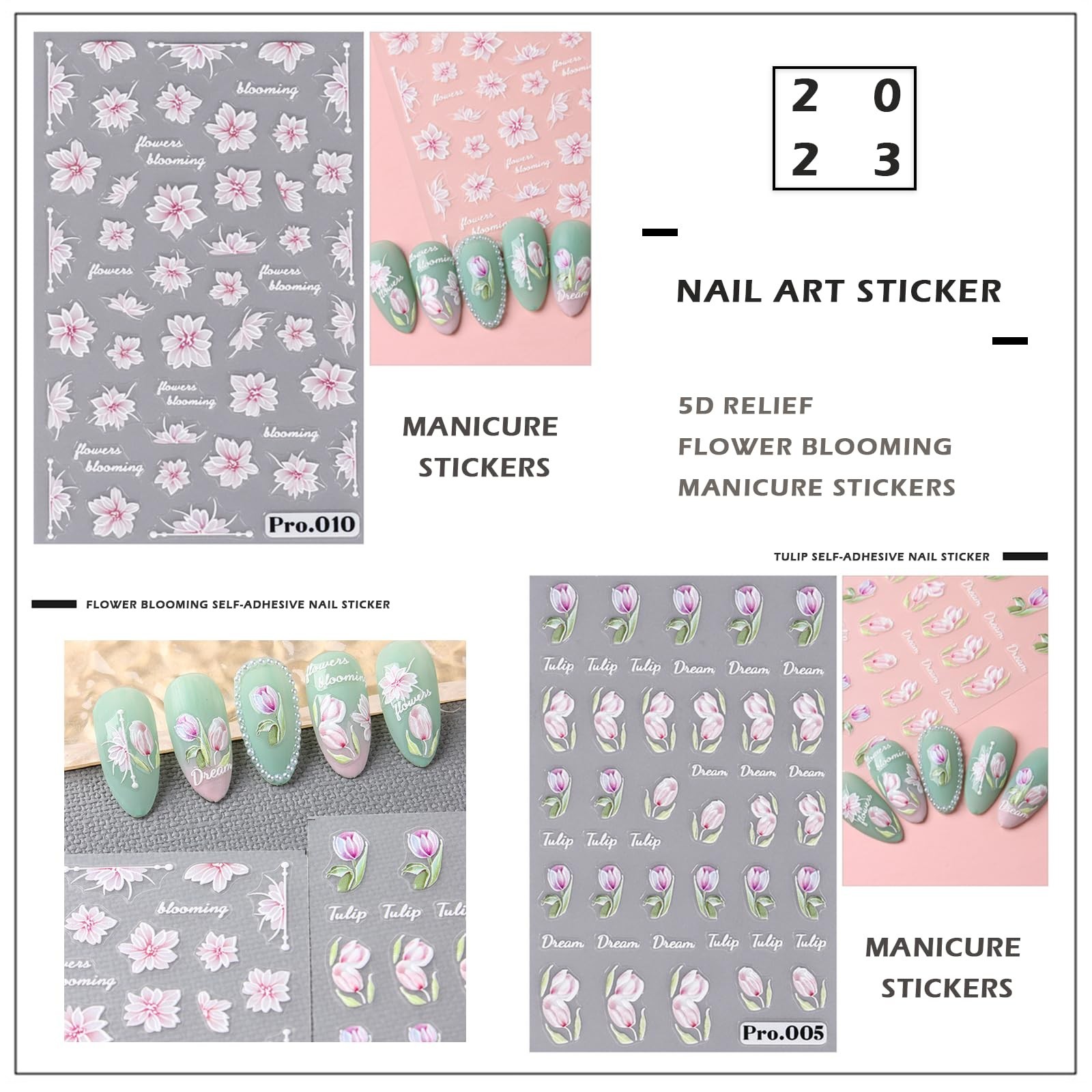 8 Pcs Self-Adhesive Nail Stickers, 5D Embossed Engraved Flower Nail Art Stick…