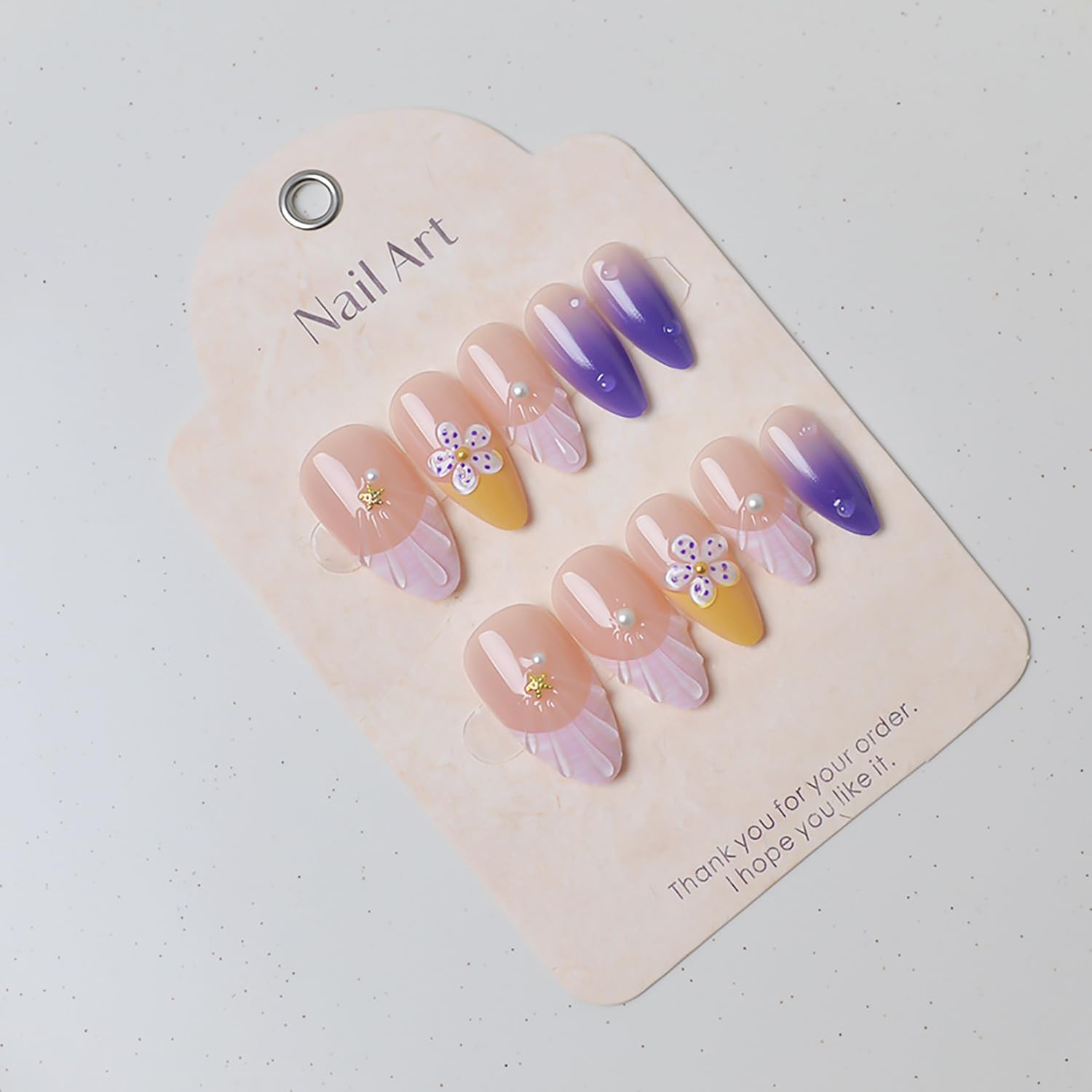 24Pcs Summer Beach Press on Nails Medium Almond Fake Nails Purple French Tip wit