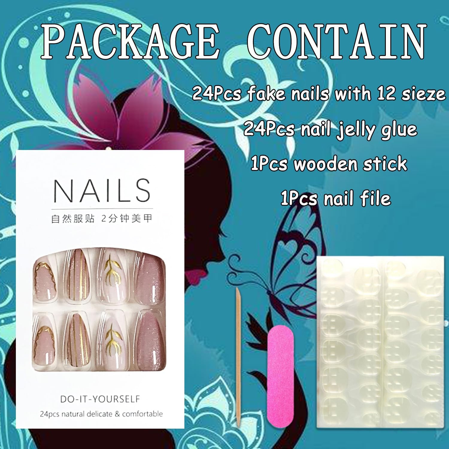 Press on Almond Nails Medium Length Glossy Full Cover Acrylic Almond Shaped F…