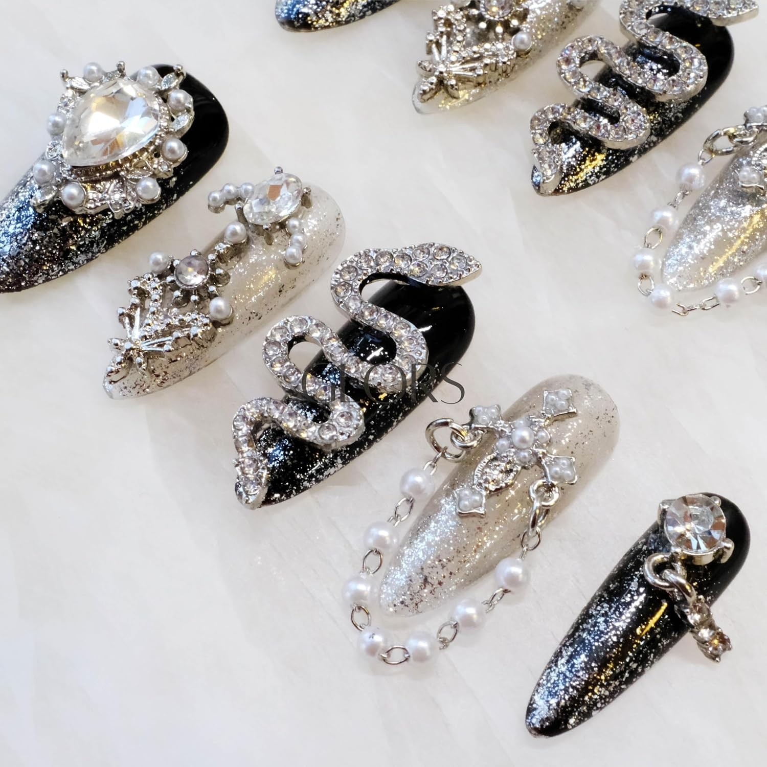 GLORS Luxury Long Almond Press-On Nails, Black/Silver Glitter, 10 Pcs