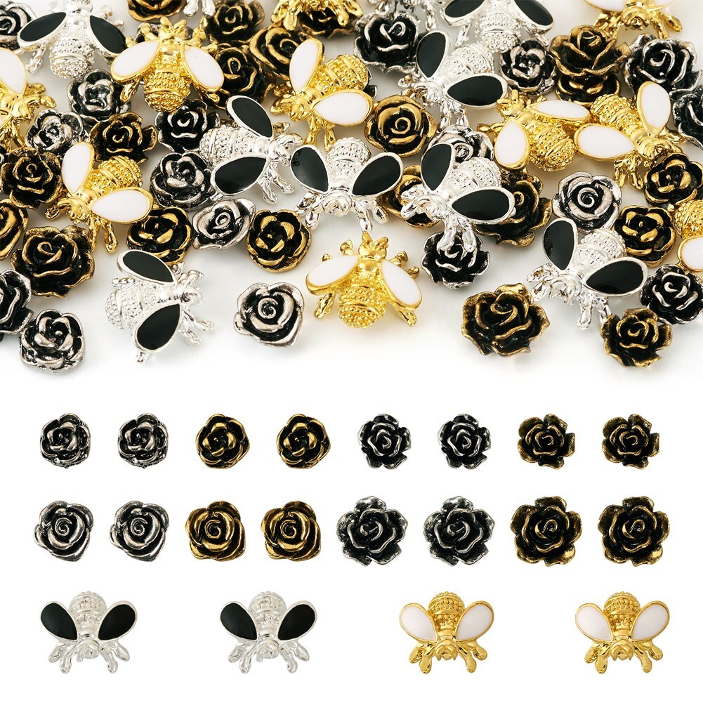 60Pc Bees Flower Alloy Enamel Cabochons Nail Art Decoration Accessories 6.5~10mm
