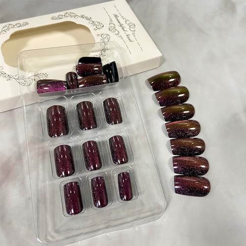 Glitter Dark Purple Cat Eye Press on Nails Medium Square Fake Nails Glossy