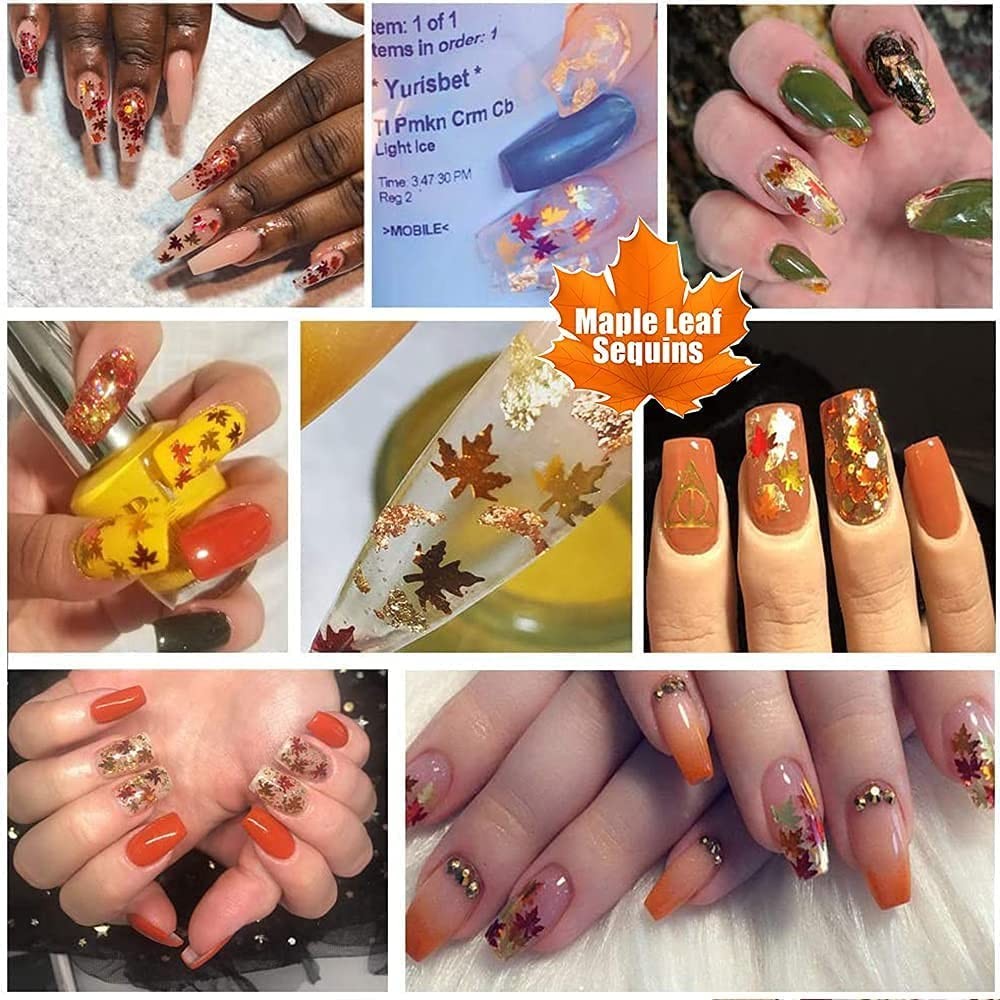 Maple Leaf Shape Glitter Fall Nail Art Sequins,3D Metallic Red God Orange Yel…