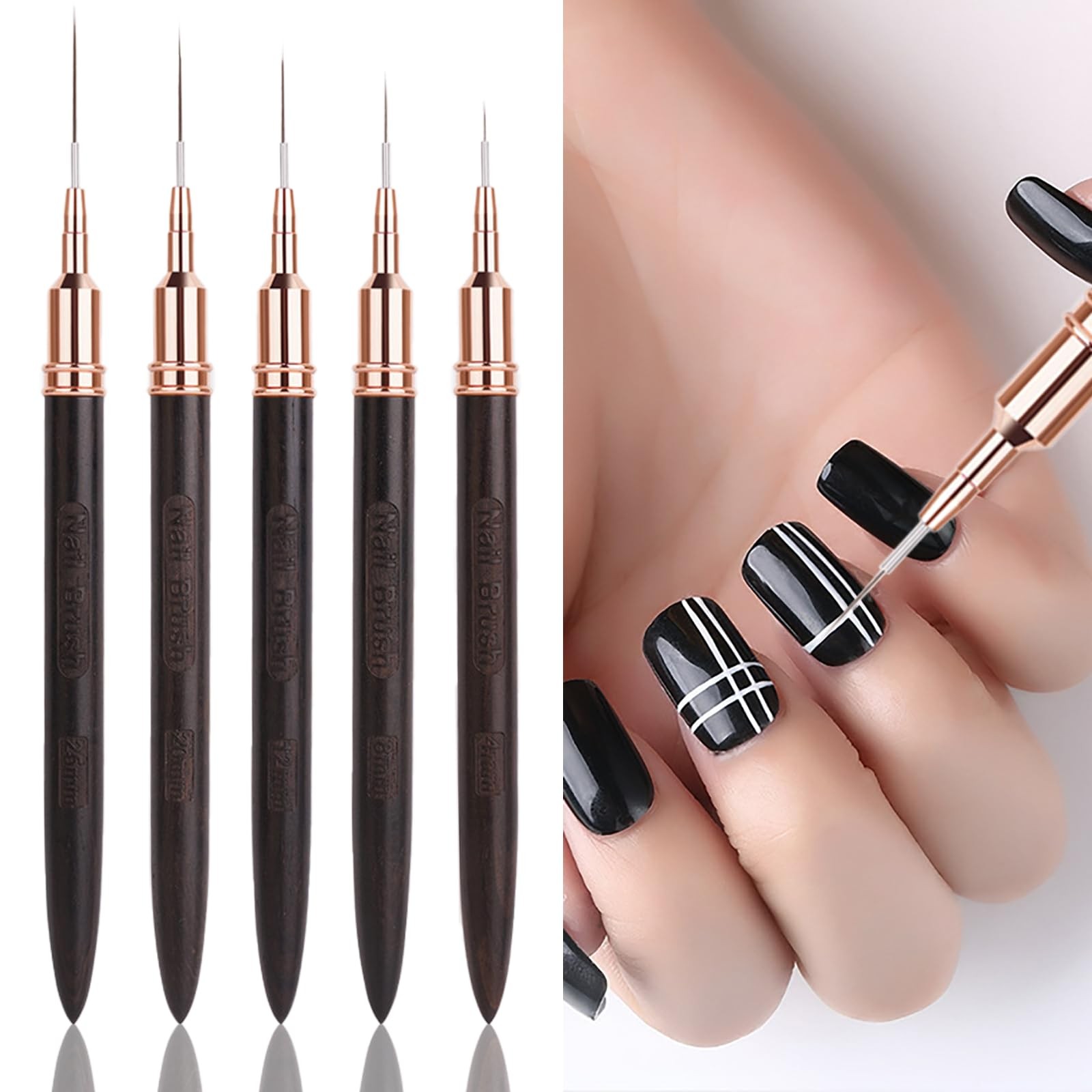 5 Pcs Black Wood Nail Art Liner Brushes Details Painting Nail Art Design Brus…