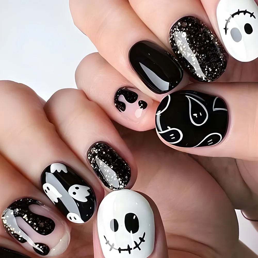 24pcs Halloween Spider Gothic Short Round Press On Nails