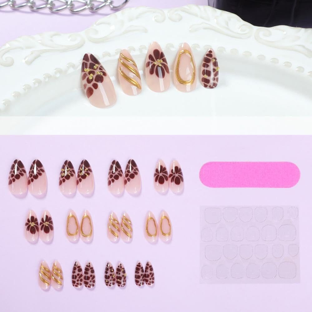 White French Tip Press On Nails Medium Almond 5D Flower Pearl Fake Nail Set