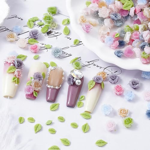 100pcs 3D Camellias Rose Flower Nail Art Charms with Nail Pearls Cute Leaves