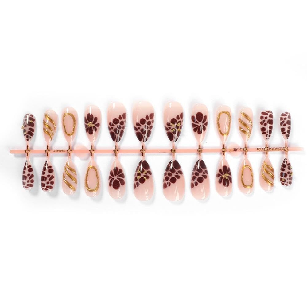 White French Tip Press On Nails Medium Almond 5D Flower Pearl Fake Nail Set