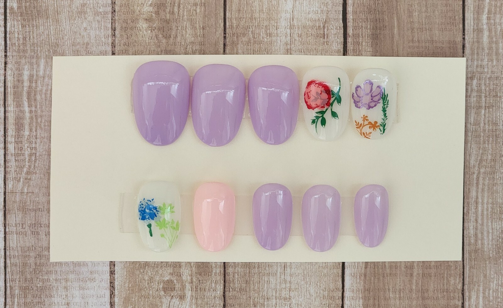 Custom Press On Handmade Gel Nails Lilac Floral Stamped Oval Short 20 Tips