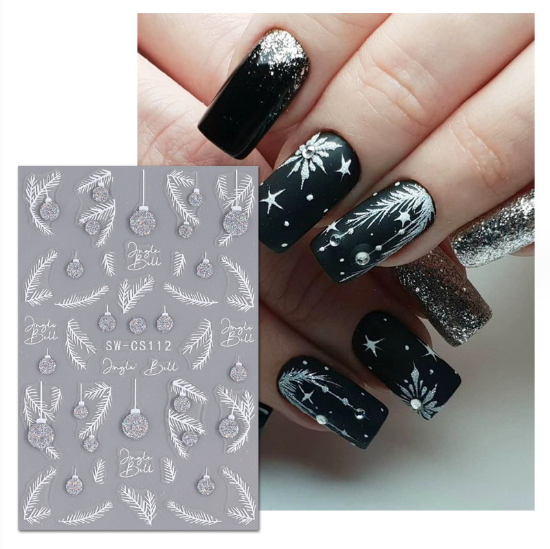 3D Glitter Christmas Snowflake French Feather Nail Art Sticker Manicure DIY NH22