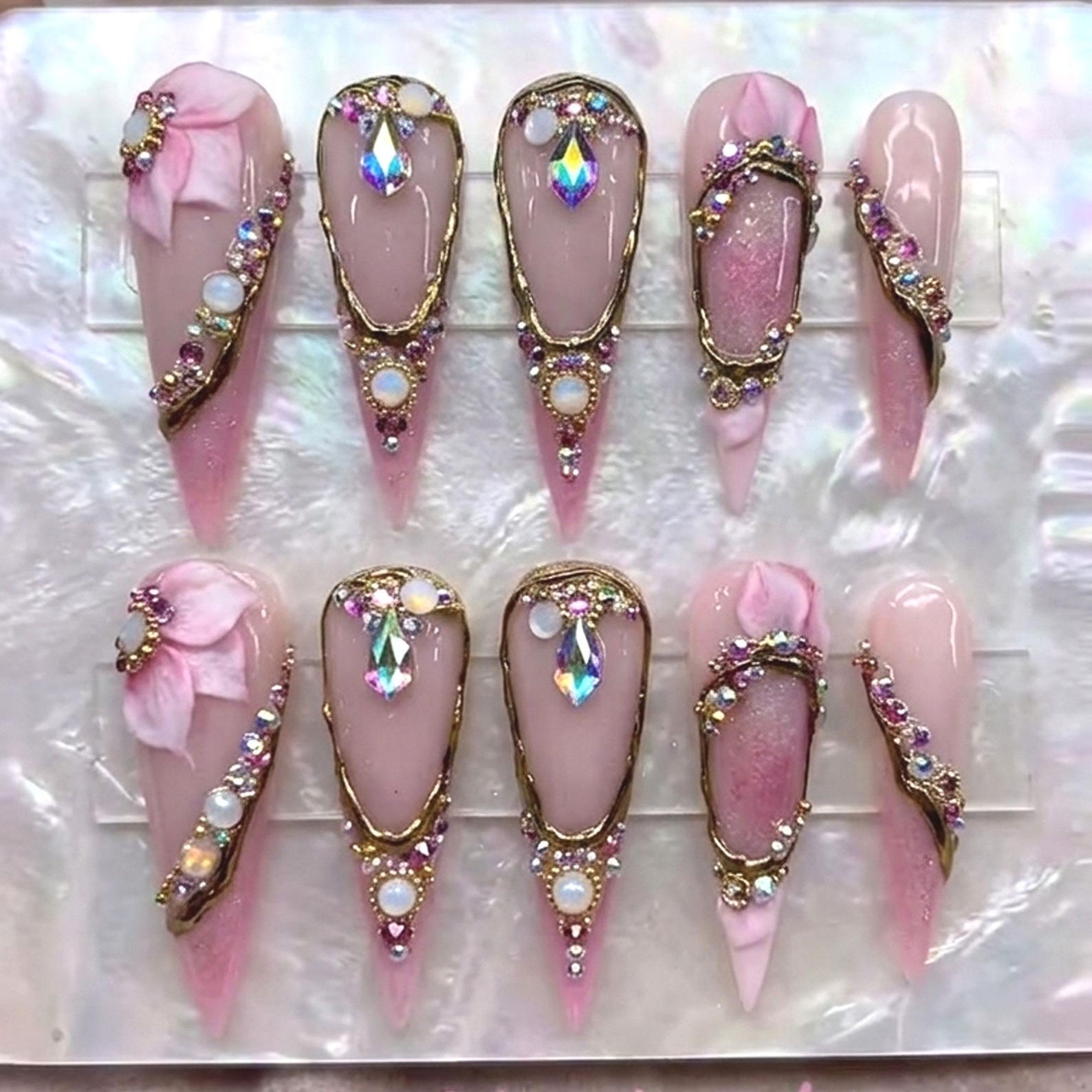 Handmade Pink 3D Flower Rhinestone Gold Frame Long Stiletto Press on Nails