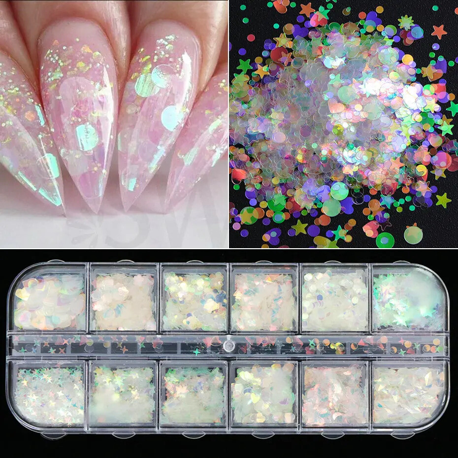 12 Grids Glitter Nail Art Colourful Scattered 3D Decoration Bling Studs Craft UK