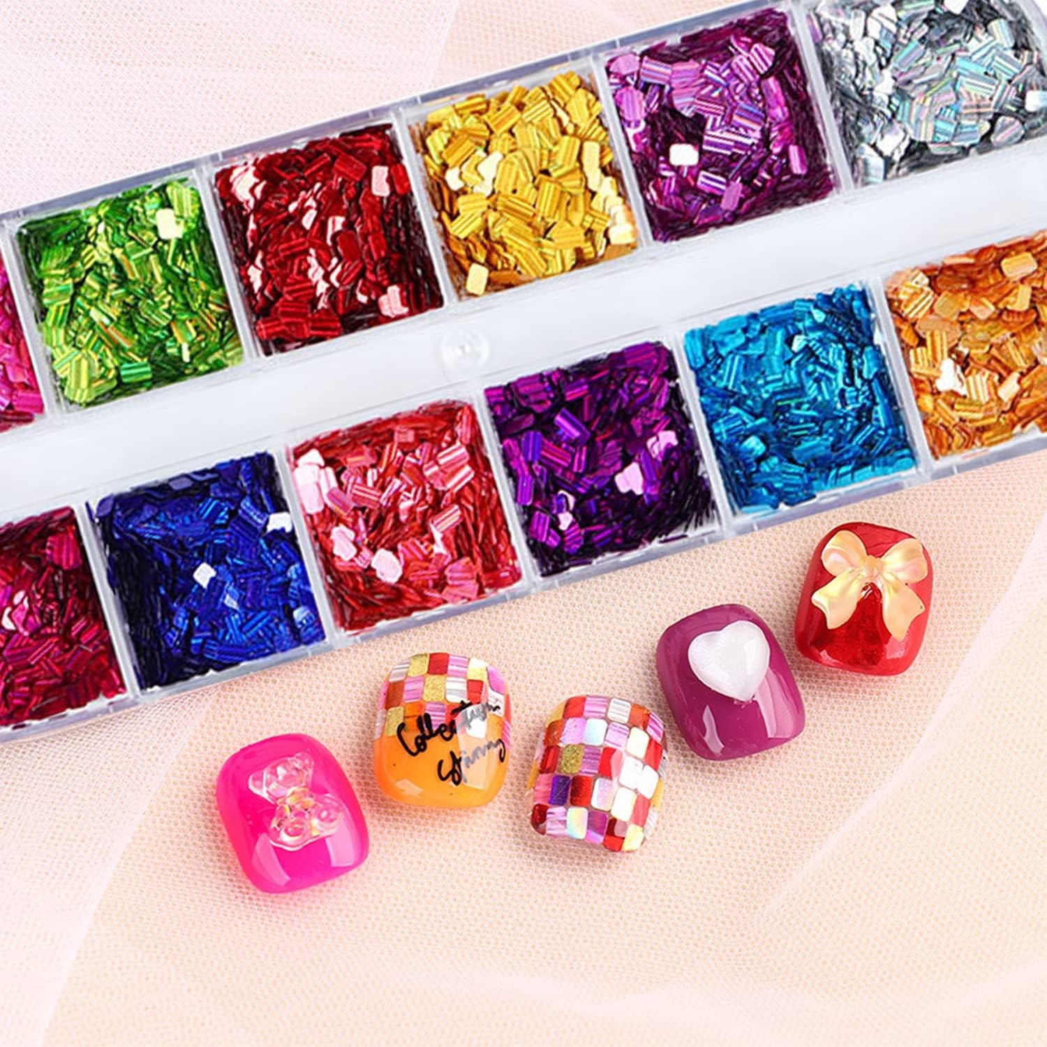Holographic Nail Glitter Flakes, 12 Colors Rectangle Sparkly Nail Square