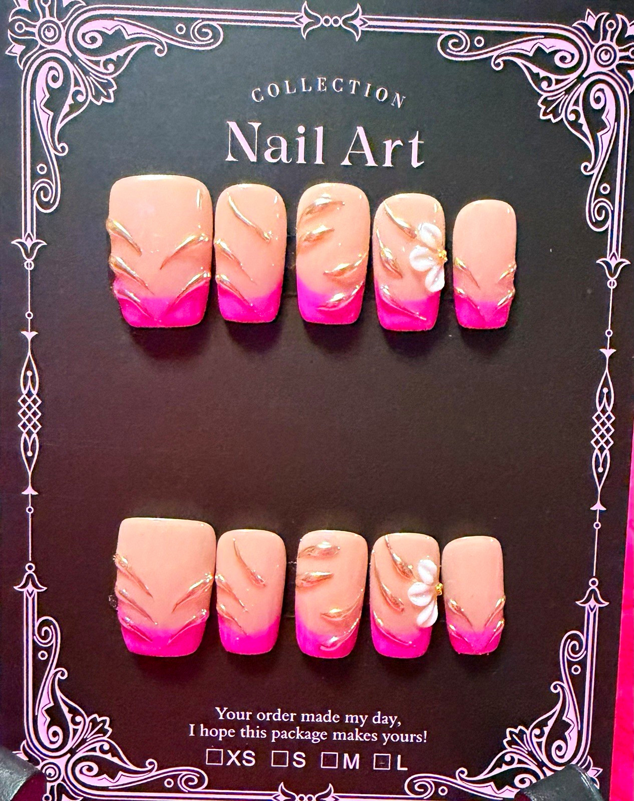 Pink/Beige French Tip Square Press-On Nails, 3D Floral Shiny Full Cover
