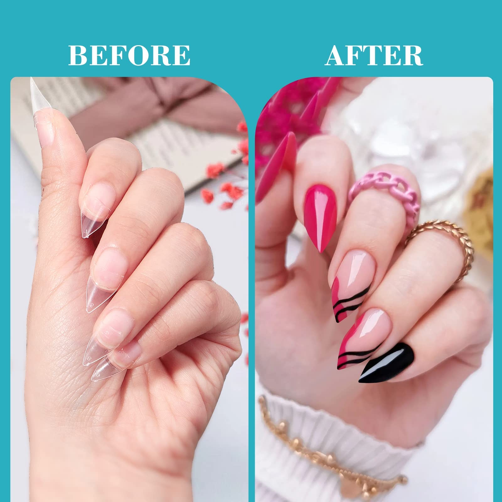 Clear Short Stiletto Nail Tips, 600PCS Half Cover Soft Gel Stiletto Nail Tips…